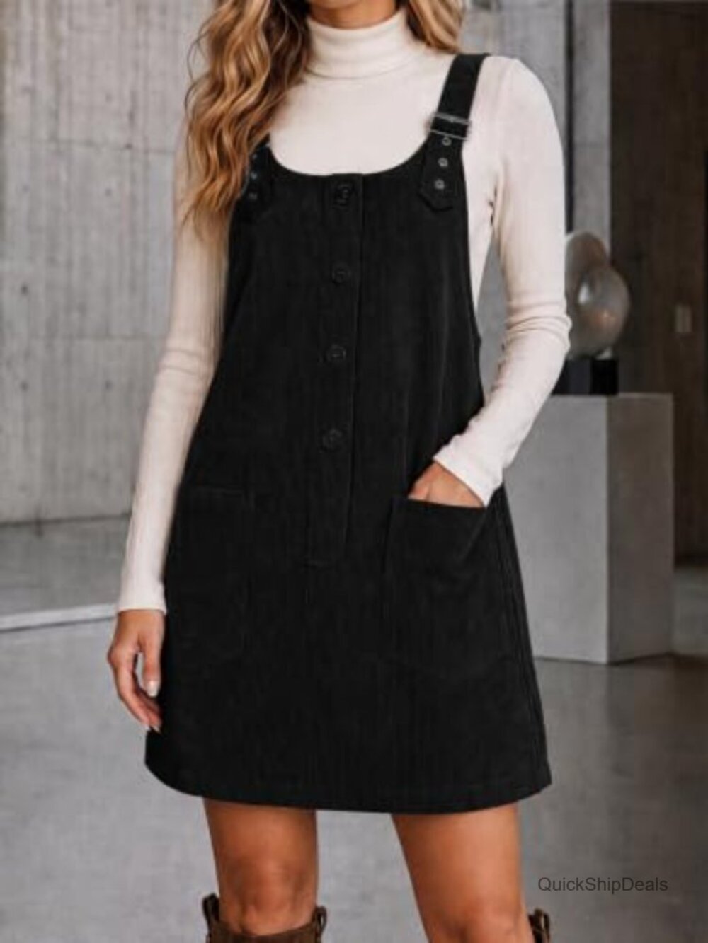 Corduroy Overall Dress A Line Button Down Mini Jumper Pinafore - Picture 3 of 6
